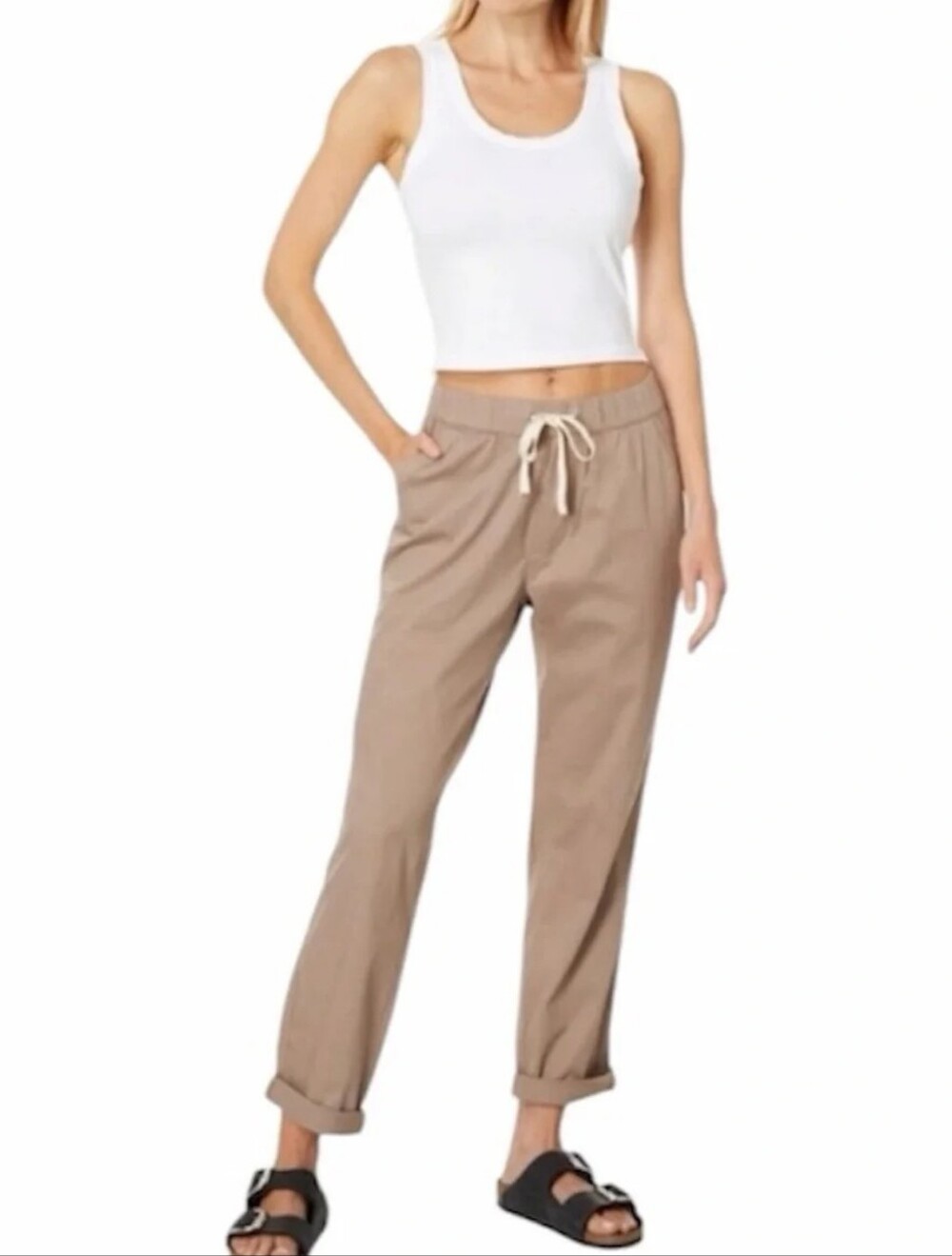 Pact Tan Organic Cotton Woven Daily Twill Pull On Tapered Pants Roll Up